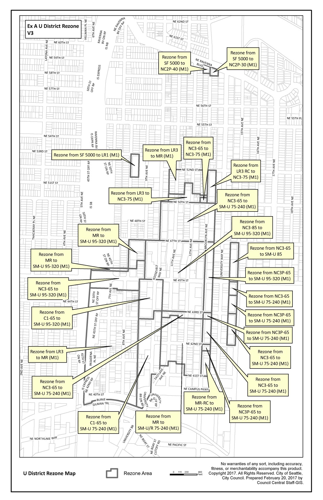 2017 University district rezone map, includes MHA suffixes